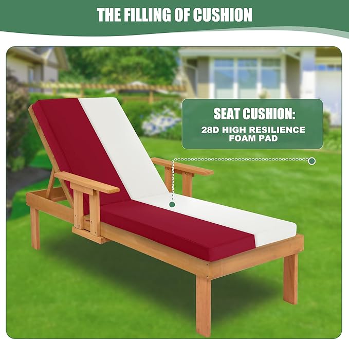 Chaise Lounge Cushions Outdoor Set of 4 - Waterproof and Fade Resistant Sun Lounger Replacement Cushions - Patio Lounger Pads with Removable Cover for Pool, Deck, Lawn, 72 x 21 x 3 Inch, Red