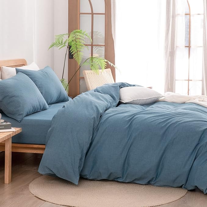 BESTOUCH Duvet Cover Set 100% Washed Cotton Linen Feel Super Soft Comfortable Chic Lightweight 2 PCs Home Bedding Set Solid Dark Blue Twin/Twin XL