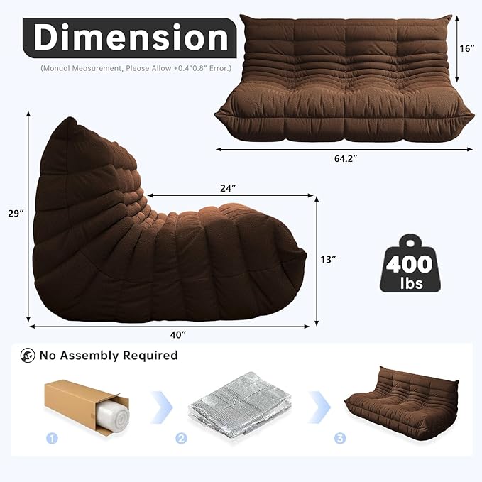 Bean Bag Chairs for Adults, BeanBag Reading Chair Memory Foam Couch 3-Seater, Floor Chair Soft Teddy Material, Comfy Reading Nook Chairs for Bedroom Living Room Office (Coffee)