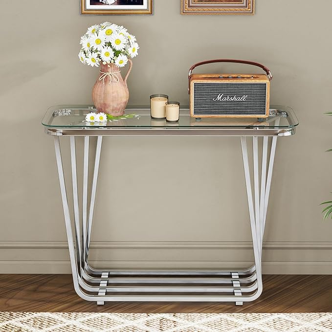 OIOG Glass Console Table for Entryway, Modern Entrance Table with Tempered Glass & Chrome Frame, Silver Sofa Table for Living Room Hallway