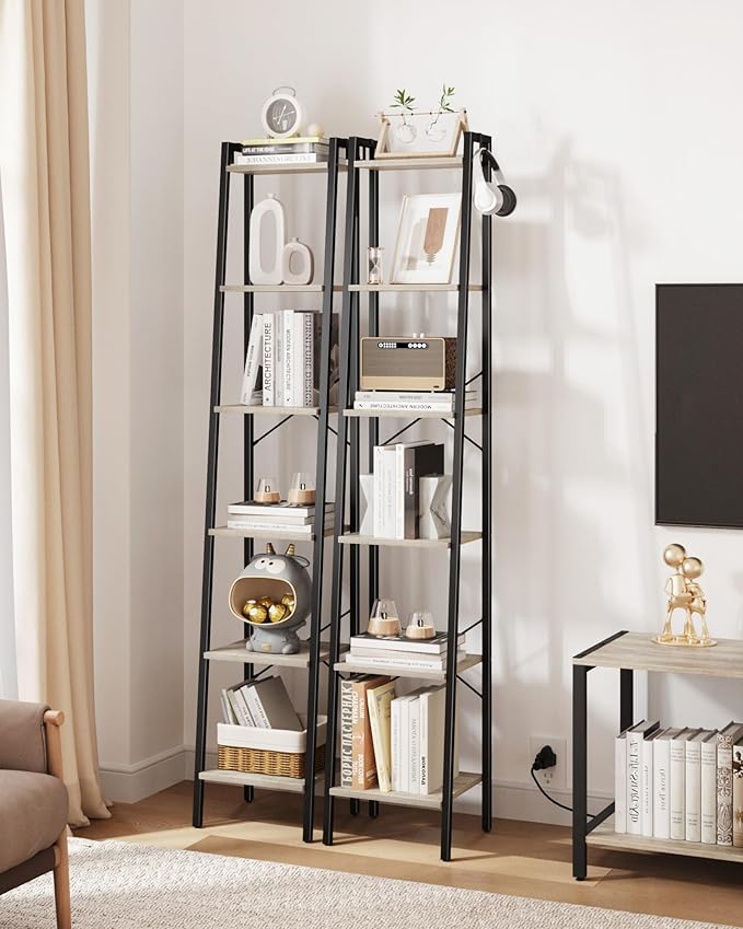 Ladder Shelf, Bookshelf Bookcase, Freestanding Corner Storage Shelve with 2 Hooks for Home Office, Living Room, Kitchen, Bedroom, Industrial, 6-Tier Greige BC13305B