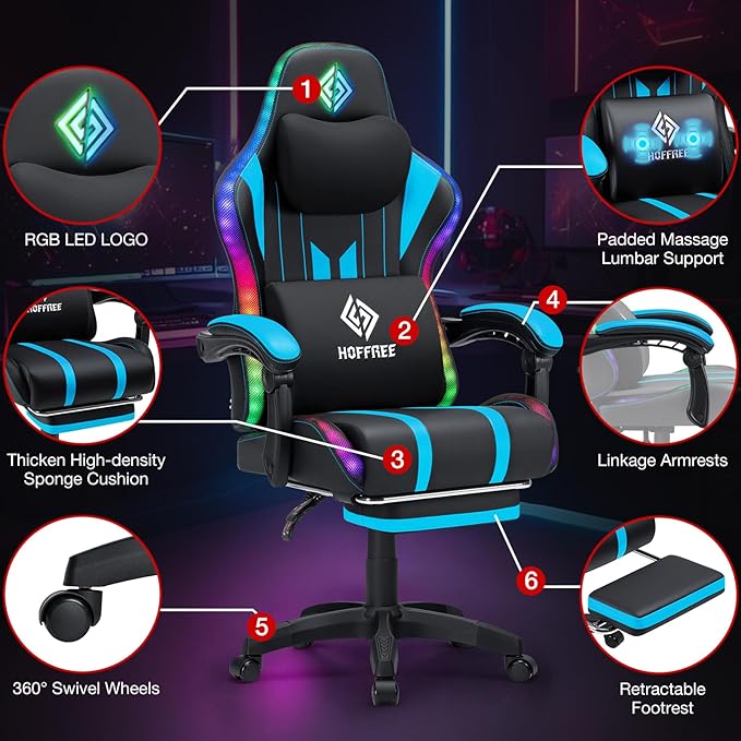 HOFFREE Gaming Chair with Music Rhythm RGB LED Lights and Bluetooth Speakers Ergonomic Massage Computer Gaming Chair with Footrest Video Game Chair High Back with Lumbar Support Blue and Black