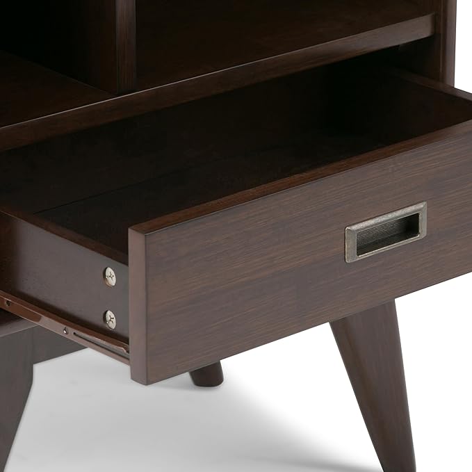 SIMPLIHOME Draper Bookcase - 64 inch Tall Solid Hardwood Storage Bookshelf in Medium Auburn Brown, Mid-Century Modern Storage for Living Room, Study or Office with Adjustable Shelves and Angled Legs