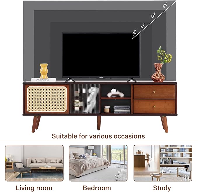Tiita TV Stand with Storage for TVs up to 65'', Bamboo Rattan TV Console Entertainment Center with 2 Open Shelf, Mid Century Modern Media Console for Living Room, Bedroom, Walnut