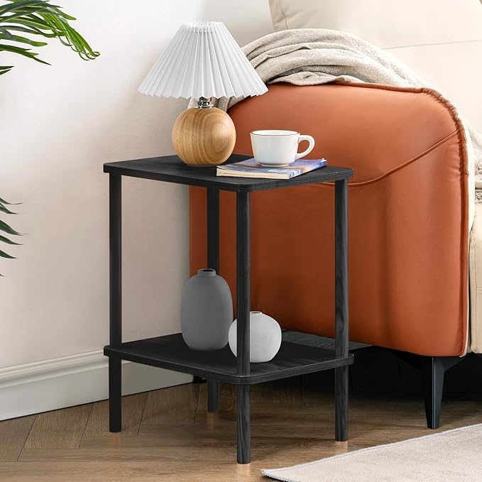 Apicizon 2 Tier End Table Set of 2, Small Side Table with Solid Wood Legs, Boho Bedside Table with Storage Shelf, Nightstand for Small Spaces, Bedroom, Living Room, Entryway, Easy Assembly, Black