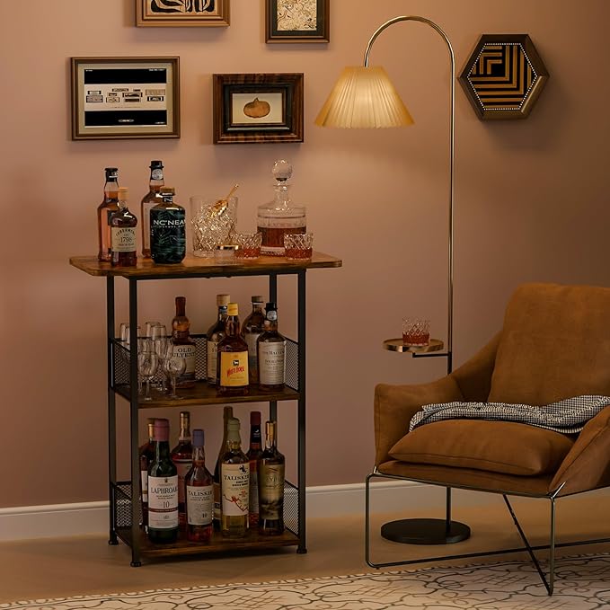 Floor Standing Freestanding Whiskey Rack: 3 Tier Wine Rack Mini Bar Table Corner Wine Bottle Display Stand Liquor Cabinet Bar, for Bottles,Cocktail Shaker,Mugs