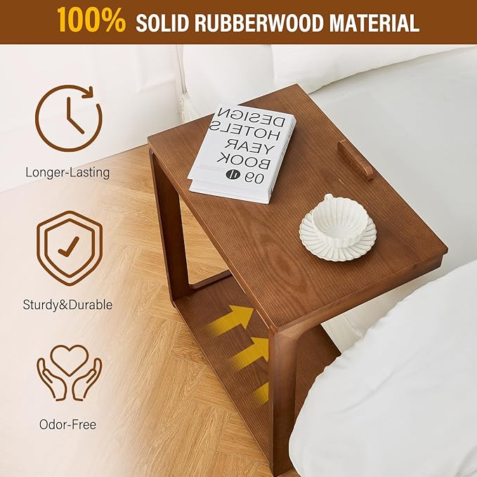 CozyDH Adjustable C Shaped End Table, Rolling Side Table Solid Wood TV Sofa Tray Table for Couch Arm Eating Multi-Purpose, Small Coffee Table with Wheels Living Room Bedroom, Walnut