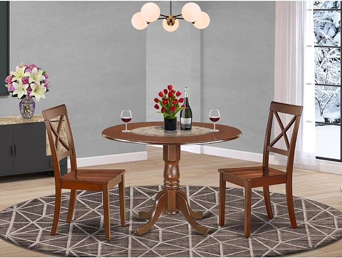 East West Furniture DLBO3-MAH-W 3 Piece Modern Dining Table Set Contains a Round Wooden Table with Dropleaf and 2 Dining Room Chairs, 42x42 Inch, Mahogany