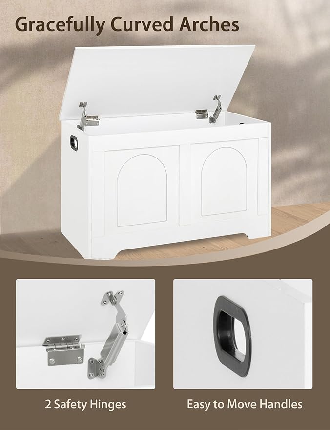 DINZI LVJ Storage Chest, 31.5”Wooden Toy Box with 2 Safety Hinges, Entryway Storage Bench with Flip-Top, Sturdy Storage Trunk for Living Room, Bedroom, Easy Assembly, White