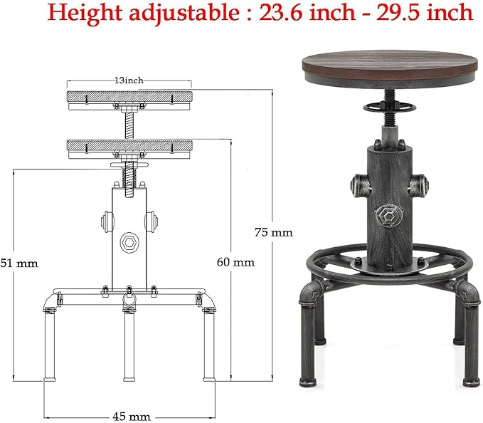 Topower Antique Vintage Industrial Barstool Solid Wood Water Pipe Fire Hydrant Design Cafe Coffee Industrial Bar Stool Set of 2 Silver