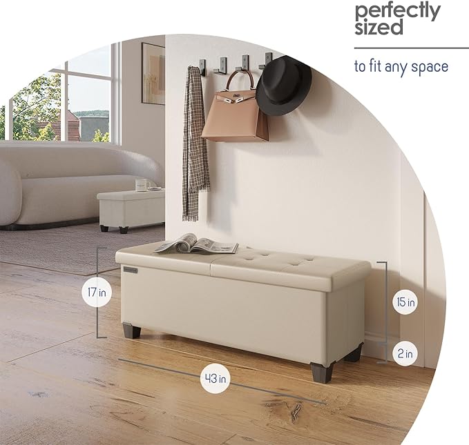STORAGEBUD Storage Ottoman Bench with Bins, 43-in Storage Bench for Bedroom End of Bed, Folding Foot Rest Ottoman for Living Room Max 660lbs, Faux Leather Ottomans, Beige