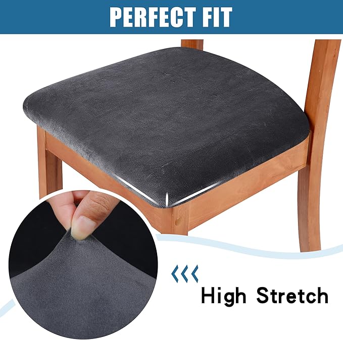 Smiry Velvet Seat Covers for Dining Room Chair Set of 6, Stretch Fit Removable Washable Chair Seat Cushion Protector Slipcovers with Ties, Dark Grey
