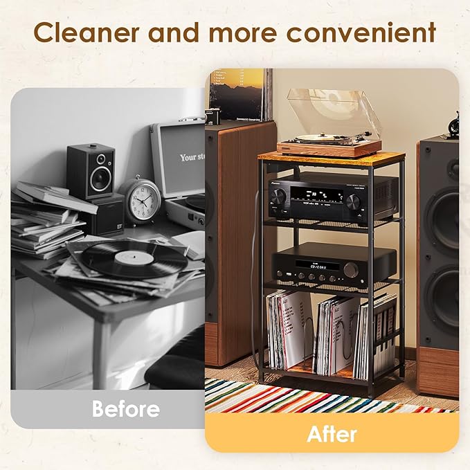 Record Player Stand with Storage, 4 Tier Turntable Stand with Vinyl Record Storage, Stereo Cabinet with Record Holder, Media Stand with Outlets for Entertainment Center