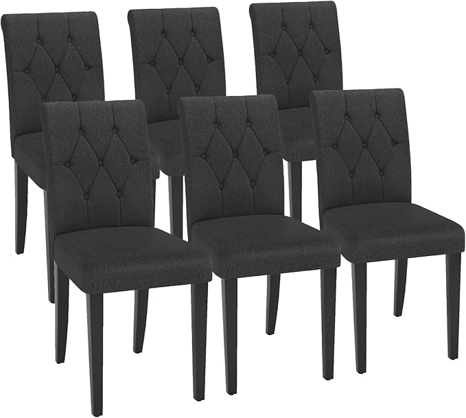 Upholstered Dining Chairs Set of 6, Button Tufted Parsons Dining Chair with Solid Wood Legs, Modern Fabric Side Chair for Dining Room/Kitchen/Restaurant/Hotel- Black