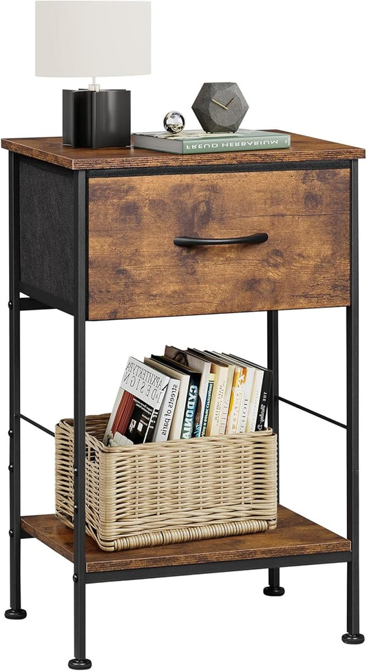 WLIVE Nightstand, Bedside Side Table for Bedroom, Dorm with Steel Frame, Night Stand End Table with Fabric Storage Drawer, Easy Assembly, Rustic Brown Wood Grain Print, 11.73''D 15.67''W 25.03" H