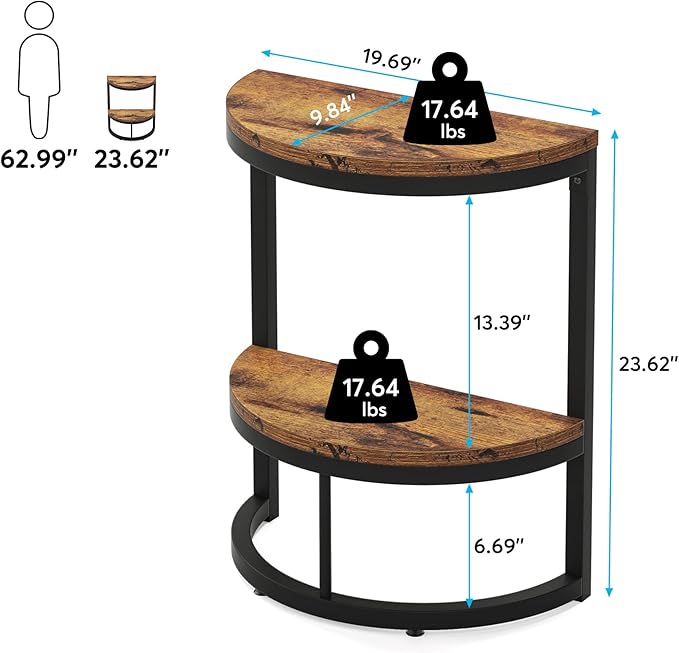 Tribesigns End Table Semi Circle, Small Half Round Side Table with Storage Shelf, Wood Accent Table Slim C Table for Sofa Couch, Living Room, Bedroom, Easy Assembly (Rustic Brown & Black, 2-Tier)