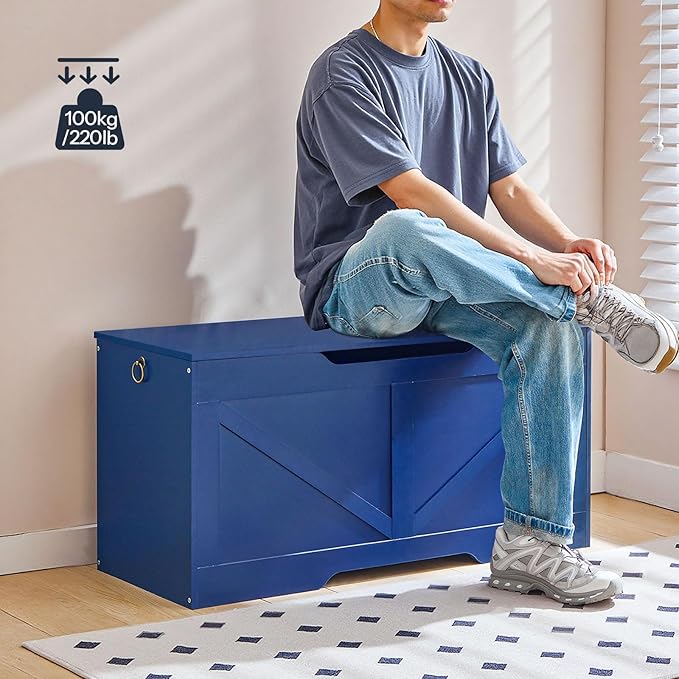 HOOBRO Storage Bench, 39.4" Retro Wooden Storage Chest with U-Shaped Cut-Out Pull, Safety Hinge, Supports 220 lb and Easy Assembly for Toy Box Organizer (Blue) BU771CW01