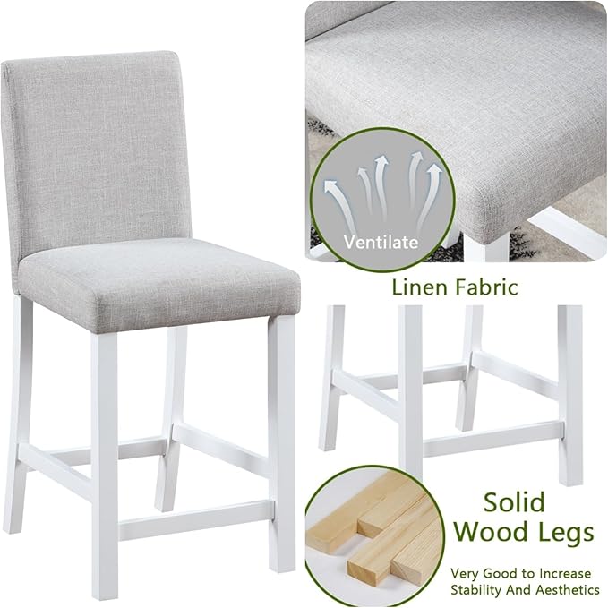 5PCS Modern White Counter Height Dining Table Set, Square Table with Crystal Decoration and 4 Upholstered Chairs for Kitchen, Dining Room