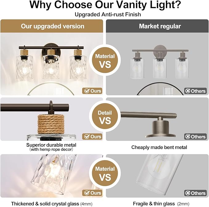 2025 Upgrade Bathroom Light Fixtures, 3-Light Coastal Vanity Lights with Crystal Glass Shade, Oil-Rubbed Bronze Bathroom Wall Lamp for Mirror Kitchen Hallway Cabinet