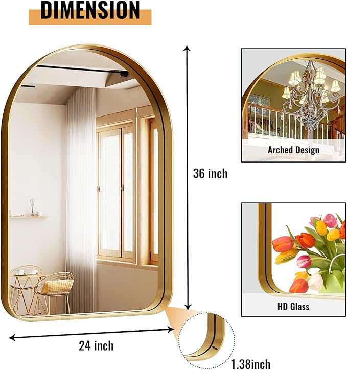 Arched Bathroom Mirror - 36x24 Inch Gold Bathroom Mirror for Wall - Aluminum Alloy Framed Mirror - Arched Top Bathroom Vanity Mirror for Living Room, Bedroom, Mantel, Entryway, and Hallways