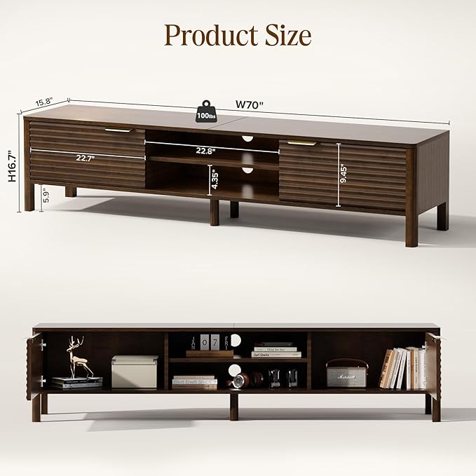 TV Stand for Living Room - up to 80 Inch TVs Mid Century Modern Entertainment Center with Storage and Adjustable Shelves, Media Console Table Walnut 70"
