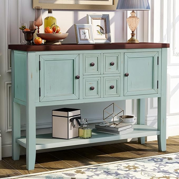 Merax Wood Farmhouse Buffet Sideboard Table with Drawers and Bottom Shelf Console Table for Living Room Dinning Room Kitchen (Retro Blue)