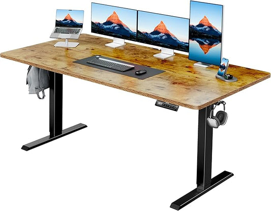 HUANUO 63" x 28" Electric Standing Desk Adjustable Height, 4 Memory Height Settings, Headphone Hook, Cable Manager, Sit Stand Up Desk for Home Office & Computer Workstation, Vintage Brown