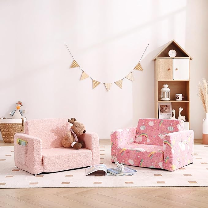 Tiita Kids Chair Couch, Folding Toddler Comfy Sofa Chairs, 2-in-1 Kids Plush Sofas Fold Out, Baby Armrest Chair Sofa to Lounger, Convertible Play Sofas to Bed for Girl or Boy, Pink