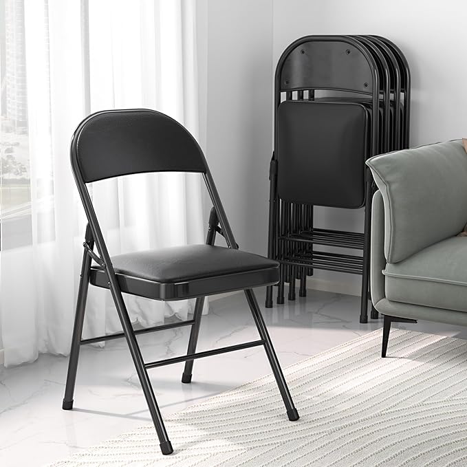 VECELO 4-Pack Folding Chairs Portable Metal with Ultra Soft PU Padded Cushion Seats for Home Office, Black, Square