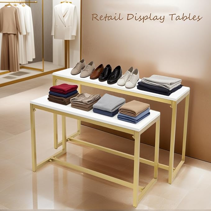 Gold 2-Piece Set Retail Display Tables Modern Nesting Tables - Metal Display Riser Shelf for Shoes, Handbags, Home, Clothing Shops & Retail Stores - 110lbs Load Capacity