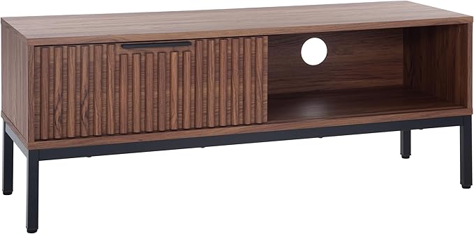 SAFAVIEH Lylia TV Stand for up to 55" Flatscreen – Walnut with Black Legs & Handle, 1 Sliding Door, 1 Open Shelf, Entertainment Media Console (MED9617A)