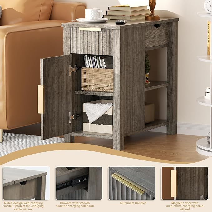 End Table with Charging Station 24'' Nightstand with Charging Station Vintage Side Table with Storage Wooden Sofa Side Table and Outlets Bedside Table for Living Room Office Bedroom (Grey)