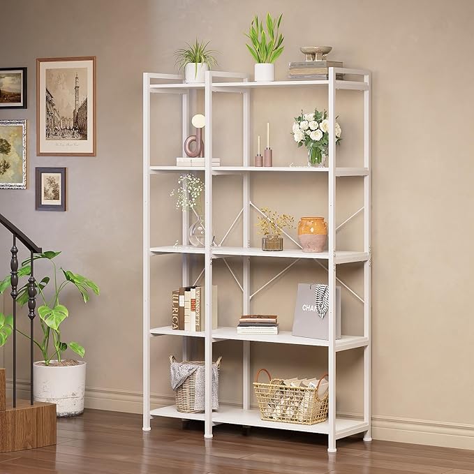 Tohomeor Bookshelf 5 Tier Deformable Corner Bookcase Free Standing Modern Industrial Book Storage Display Book Shelf for Bedroom Living Room Study Room Office (White)