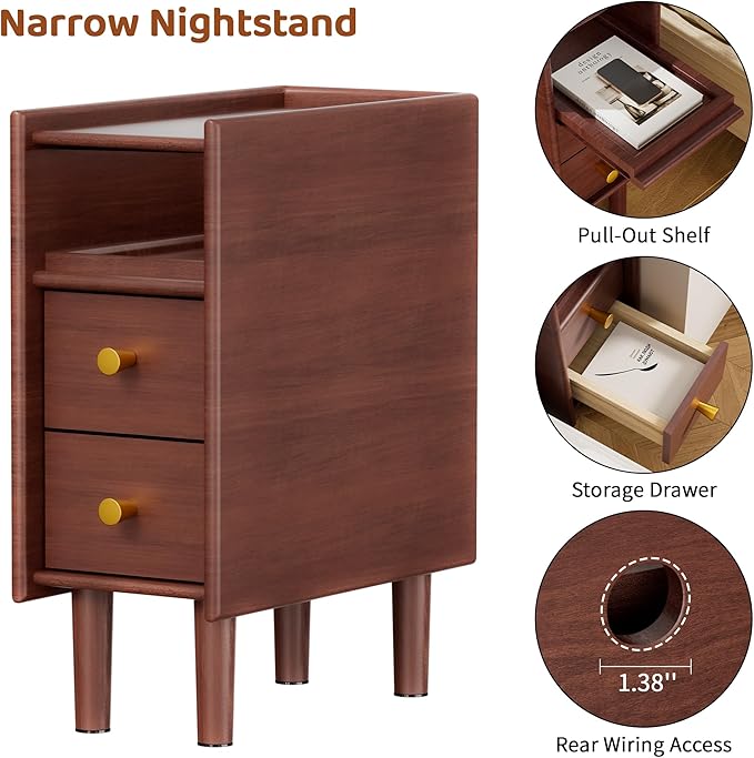 Huolewa Narrow Nightstand with 2 Drawers - Solid Wood Narrow Side Table with Open Shelf for Small Spaces, Couch, Bedroom, Living, Office - Small Bedside Table, End Tables (Walnut, 7.87 inch)