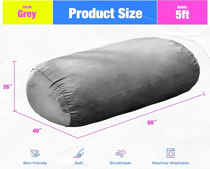 Hobestluk 5FT Bean Bag Chair Large Beanbag Lounger with Removable Cover Adult Bean Bag Chair with Portable Handle Desgin for Living Room Bedroom (Grey, 5FT)