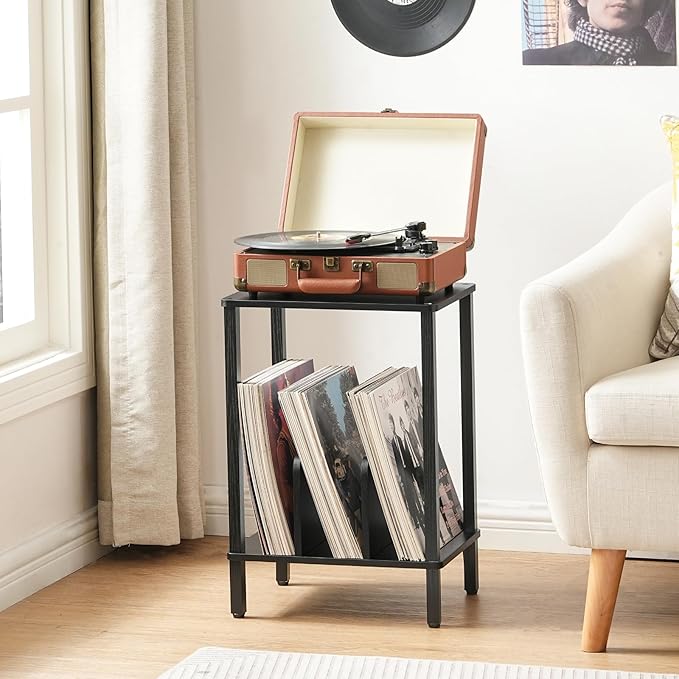 HOOBRO Record Player Stand, 2-Tier End Table, Vinyl Record Turntable Stand with Storage up to 100 Albums, Small Side Table for Living Room, Bedroom, Black, BK05RS01