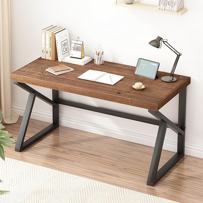 IBF Natural Real Wood Desk, Minimalist 47” Solid Wood Computer Desk, Rustic Desk for Home Office Writing Study, Vintage Industrial Wooden PC Gaming Workstation Computer Table, Brown, 47 Inch