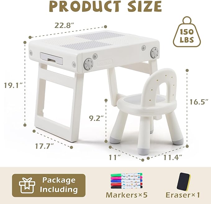 Toddler Table and Chair Set, Foldable Building Block Table for Kids, Double-Sided Drawing & Building Kids Activity Tables, Include 5 Markers & Board Eraser