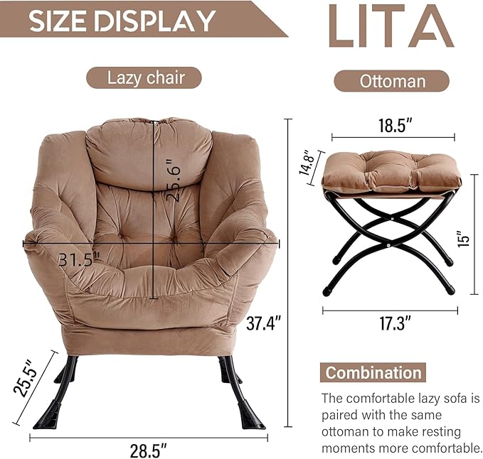 LITA Velvet Dark Brown Contemporary Accent Leisure Upholstered Sofa Chair with Ottoman, Modern Lounge Reading Chair for Living Room, Bedroom & Small Space