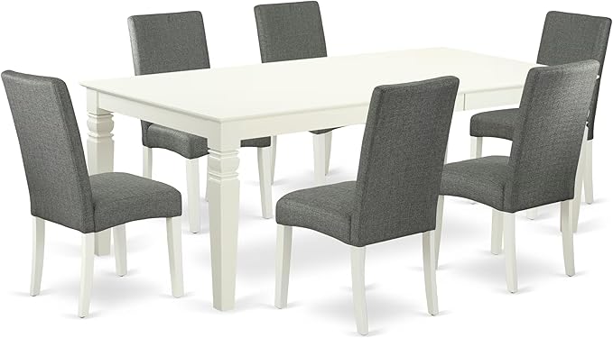 East West Furniture LGDR7-LWH-07 7 Piece Modern Dining Table Set Consist of a Rectangle Wooden Table with Butterfly Leaf and 6 Gray Linen Fabric Parson Dining Chairs, 42x84 Inch, Linen White