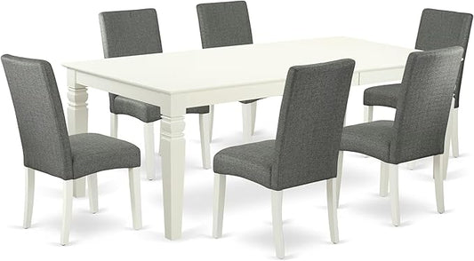 East West Furniture LGDR7-LWH-07 7 Piece Modern Dining Table Set Consist of a Rectangle Wooden Table with Butterfly Leaf and 6 Gray Linen Fabric Parson Dining Chairs, 42x84 Inch, Linen White