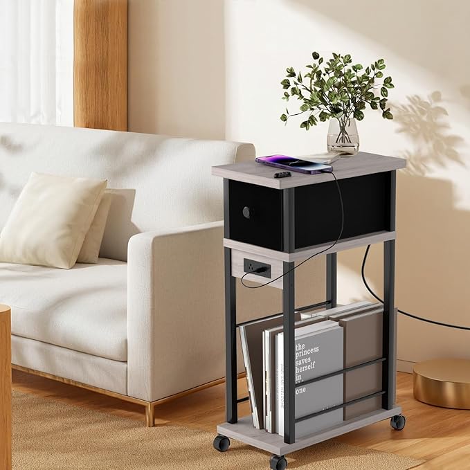 Side Table with Charging Station and Drawer, Narrow End Table with USB Ports and Outlets for Small Space, Living Room, Bedroom and Office, with 4 Wheels (1, Greige + Black)