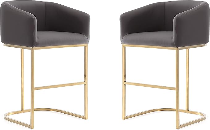 Manhattan Comfort Louvre 26 Inch Mid Century Modern Counter Height Bar Stools - Elegant Faux Leather Padded Seat, Stainless Steel Base with Footrest, Fully Assembled Barstools, Set of 2, Grey