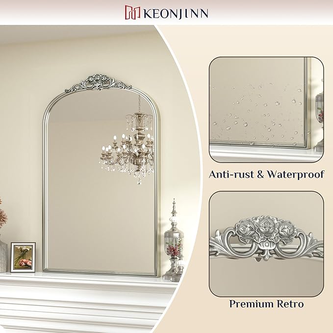 Keonjinn Vintage Mirror for Wall, 40" x 30" Silver Mirror with Metal Frame, Ornate Arched Decoration, Brass Mirror for Mantle, Living Room, French Cleat Mounting