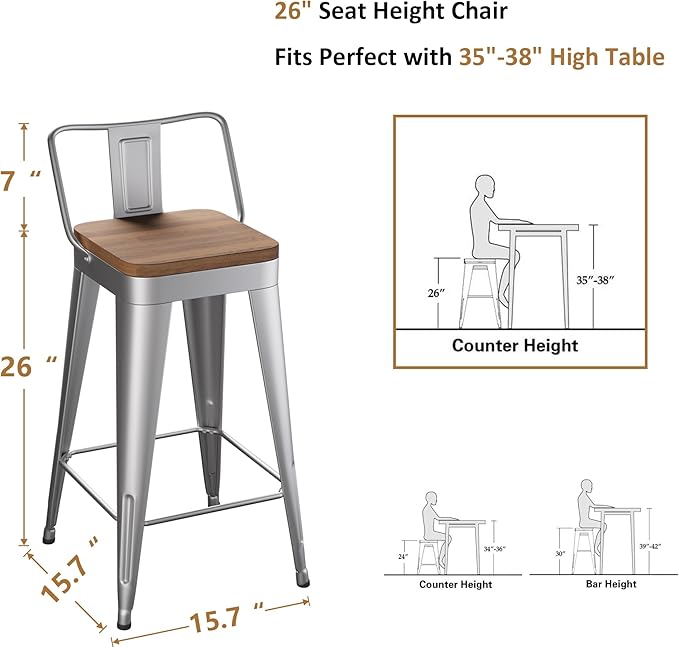WENTMENT Bar Stools Set of 4 Counter Height Stools with Removable Back 26" Kitchen Bar Stools with Wooden Seat, Silver