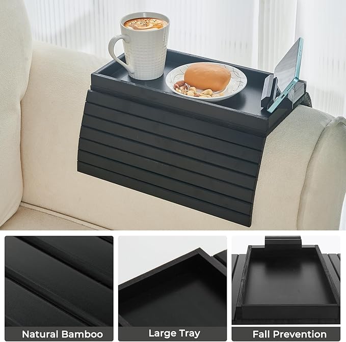 Bamboo Sofa Arm Tray, Anti Falling Couch Arm Tray Armrest Table with 360° Rotating Phone Holder, Foldable and Portable Sofa Armrest Trays Cup Holder for Drink,Cups, Phone, Snacks, Remote