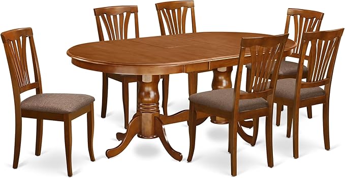 East West Furniture PLAV7-SBR-C 7 Piece Dining Table Set Consist of an Oval Wooden Table with Butterfly Leaf and 6 Linen Fabric Dining Room Chairs, 42x78 Inch, Saddle Brown