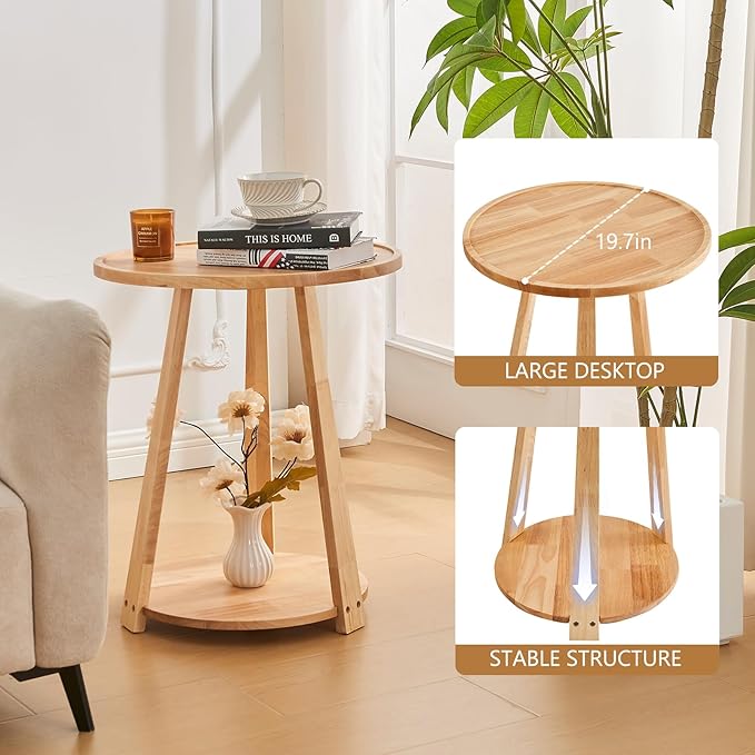 CozyDH Round End Table, Wooden Narrow/Little Coffee/Sofa/Couch SideTable with Lower Shelf for Living Room Bedroom, Solid Wood Bedside Nightstand, Natural