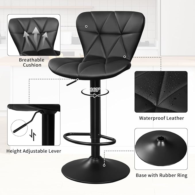 Bar Stools Set of 2, Adjustable Swivel Bar Chairs with Shell Back, PU Leather Counter Height Bar Stools for Kitchen lsland, Black