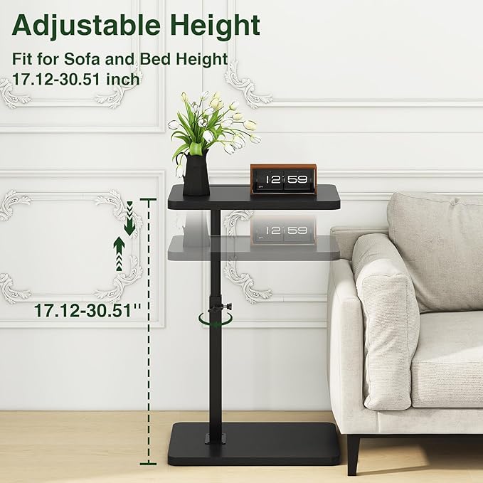 IBUYKE Tray Table for Couch, 360° Swivel Height Adjustable End Table for Small Spaces, with Phone & Tablet Slot, Modern Small Coffee Snack Table for Sofa/Bed, Black UTVT003B